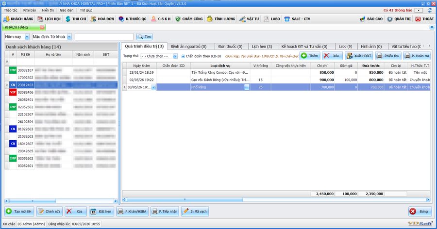 Màn hình Sổ khám bệnh của phần mềm I-Dental Pro+ trên PC
